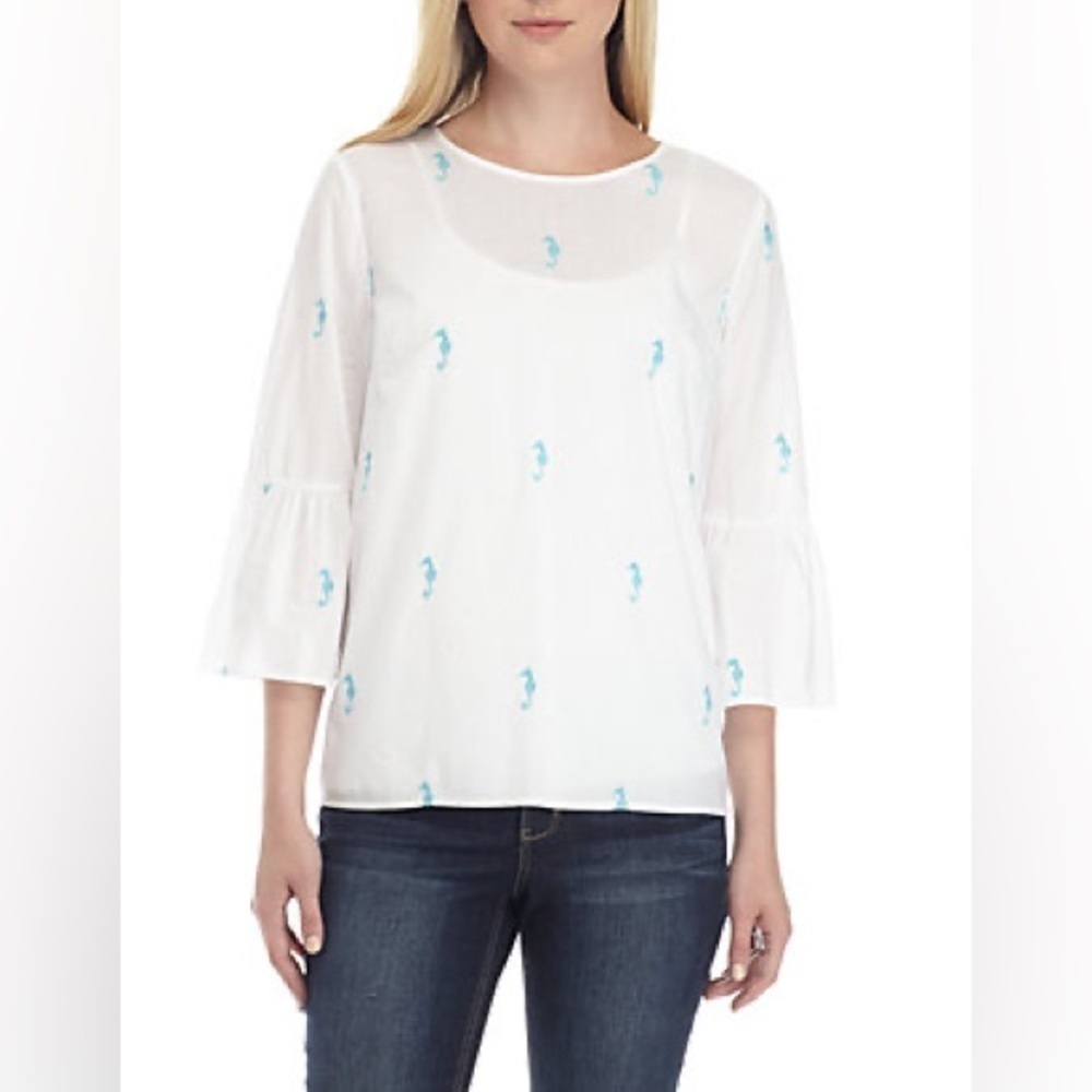 NWT Crown & Ivy Lightweight Blouse with Embroidered Seahorses Bell Sleeves PXL